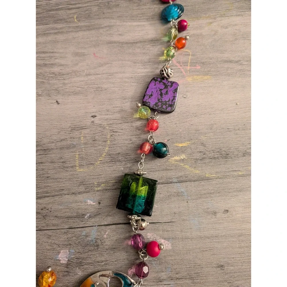 Boho Multi Color Mixed Media Bead Statement Necklace Silver Tone Enamel Pendant